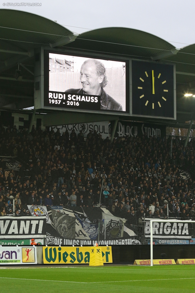 Sturm Graz - St. Poelten
Oesterreichische Fussball Bundesliga, 14. Runde, SK Sturm Graz - SKN St. Poelten, Stadion Liebenau Graz, 05.11.2016. 

Foto zeigt die Anzeigetafel bei einer Trauerminute fuer Rudi Schauss (ehem. Spieler Sturm)
