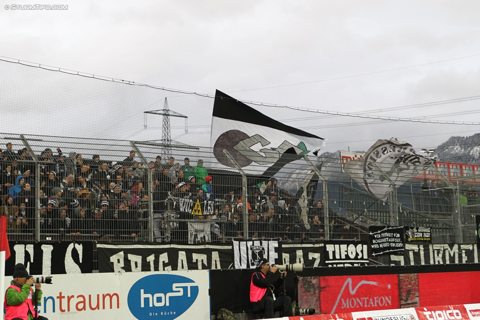 Altach - Sturm Graz
Oesterreichische Fussball Bundesliga, 15. Runde, SC Rheindorf Altach - SK Sturm Graz, Stadion Schnabelholz Altach, 19.11.2016. 

Foto zeigt Fans von Sturm
