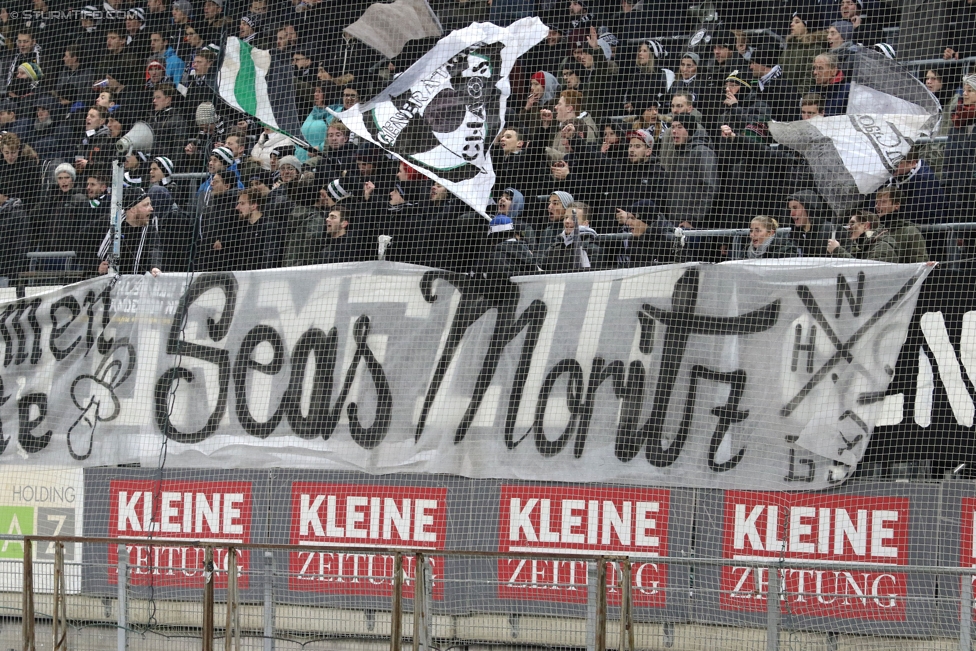 Sturm Graz - Admira Wacker
Oesterreichische Fussball Bundesliga, 17. Runde, SK Sturm Graz - FC Admira Wacker Moedling, Stadion Liebenau Graz, 30.11.2016. 

Foto zeigt Fans von Sturm mit einem Spruchband
