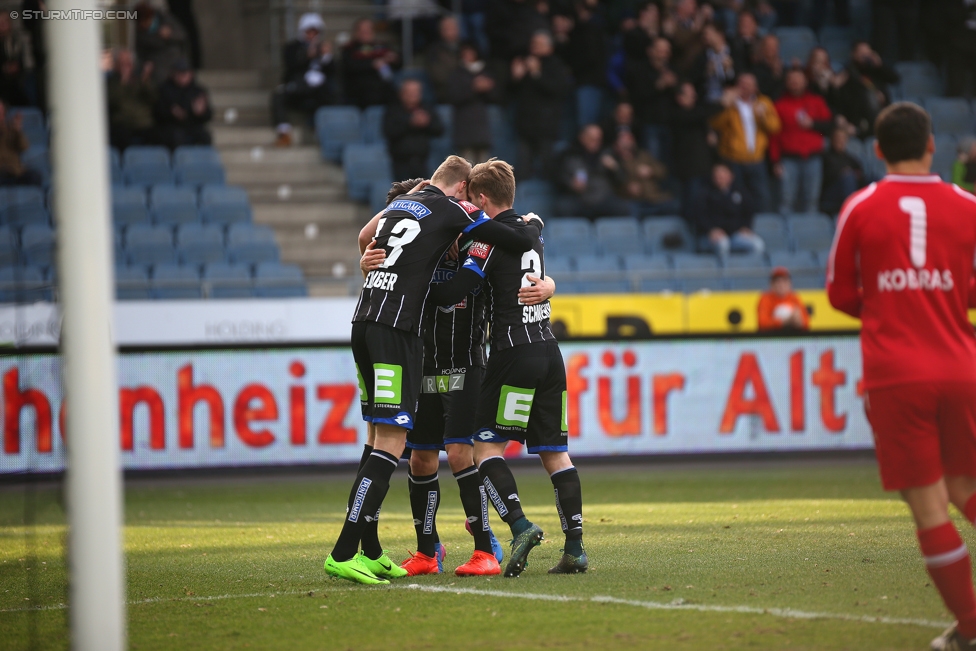 Sturm Graz - Altach
Oesterreichische Fussball Bundesliga, 22. Runde, SK Sturm Graz - SC Rheindorf Altach, Stadion Liebenau Graz, 04.03.2017. 

Foto zeigt Simon Piesinger (Sturm) und Marc Andre Schmerboeck (Sturm)
Schlüsselwörter: torjubel