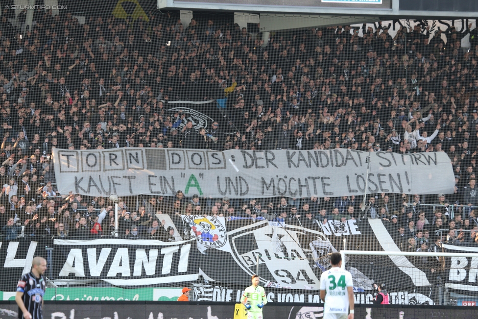 Sturm Graz - Rapid Wien
Oesterreichische Fussball Bundesliga, 23. Runde, SK Sturm Graz - SK Rapid Wien, Stadion Liebenau Graz, 12.03.2017. 

Foto zeigt Fans von Sturm mit einem Spruchband
