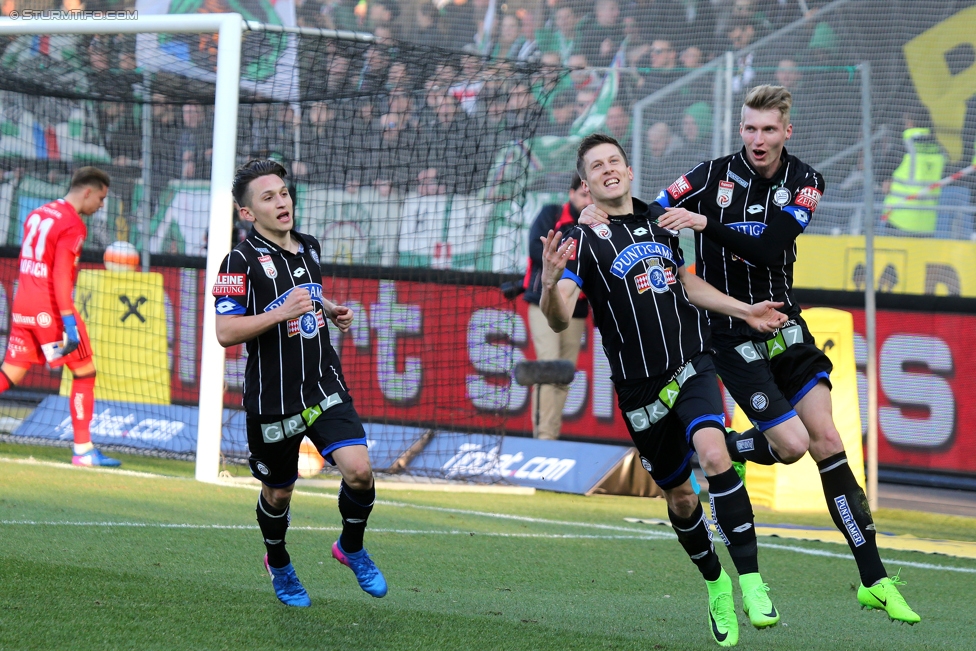 Sturm Graz - Rapid Wien
Oesterreichische Fussball Bundesliga, 23. Runde, SK Sturm Graz - SK Rapid Wien, Stadion Liebenau Graz, 12.03.2017. 

Foto zeigt Baris Atik (Sturm), Deni Alar (Sturm) und Simon Piesinger (Sturm)
Schlüsselwörter: torjubel