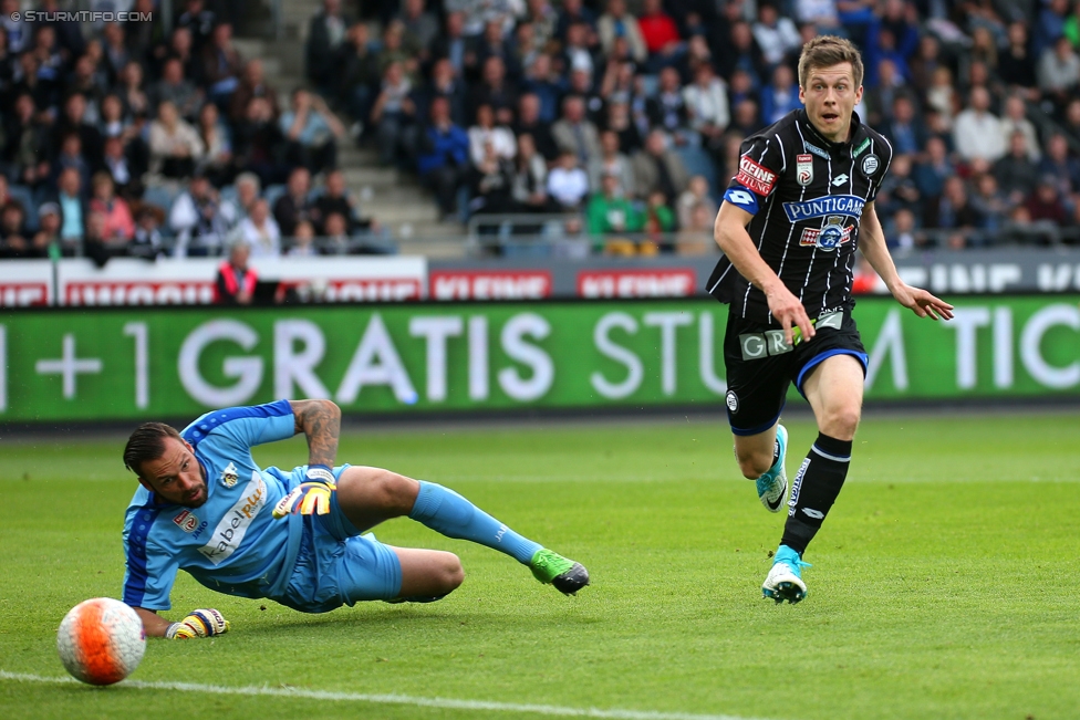 Sturm Graz - St. Poelten
Oesterreichische Fussball Bundesliga, 32. Runde, SK Sturm Graz - SKN St. Poelten, Stadion Liebenau Graz, 06.05.2017. 

Foto zeigt Christoph Riegler (St. Poelten) und Deni Alar (Sturm)
Schlüsselwörter: tor