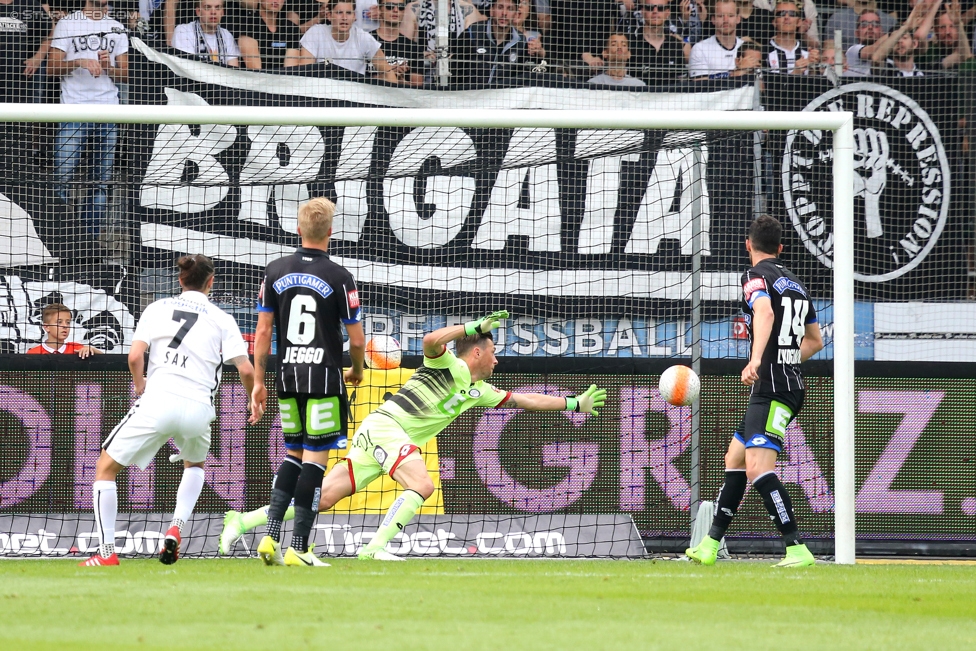 Sturm Graz - Admira Wacker
Oesterreichische Fussball Bundesliga, 35. Runde, SK Sturm Graz - FC Admira Wacker Moedling, Stadion Liebenau Graz, 25.05.2017. 

Foto zeigt Maximilian Sax (Admira), James Jeggo (Sturm), Christian Gratzei (Sturm) und Charalampos Lykogiannis (Sturm)
