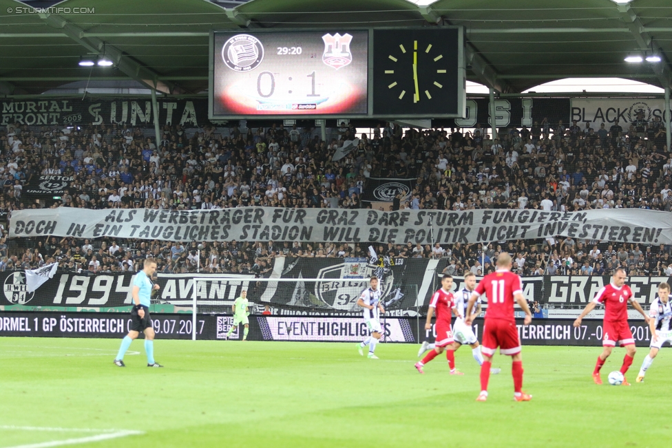 Sturm Graz - Podgorica
UEFA Europa League Qualifikation 2. Runde, SK Sturm Graz -  FK Mladost Podgorica, Stadion Liebenau Graz, 13.07.2017. 

Foto zeigt Fans von Sturm mit einem Spruchband
Schlüsselwörter: protest