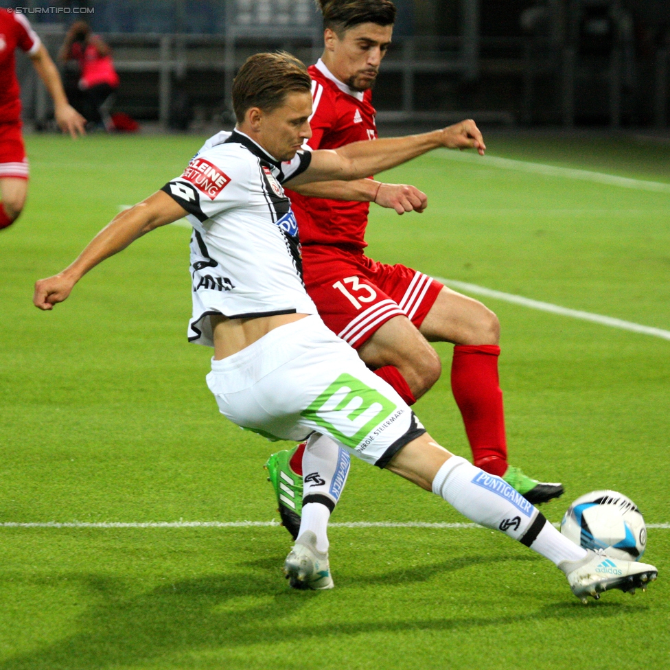 Sturm Graz - Podgorica
UEFA Europa League Qualifikation 2. Runde, SK Sturm Graz -  FK Mladost Podgorica, Stadion Liebenau Graz, 13.07.2017. 

Foto zeigt Stefan Hierlaender (Sturm) und Andrija Kaludjerovic (Podgorica)
