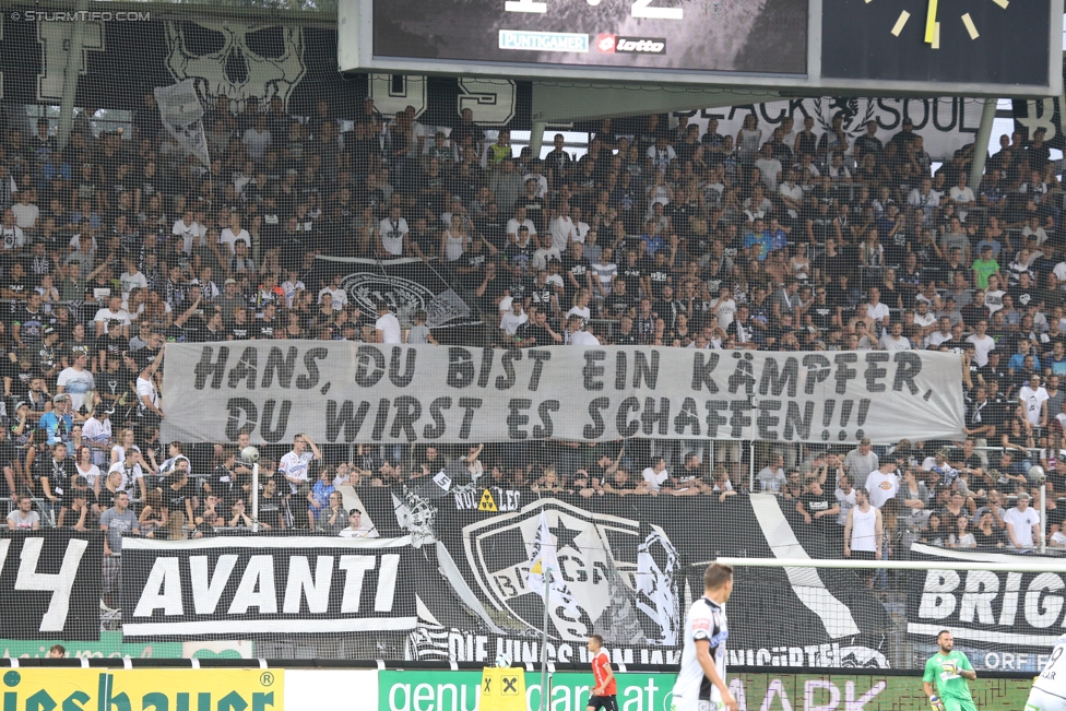 Sturm Graz - St. Poelten
Oesterreichische Fussball Bundesliga, 1. Runde, SK Sturm Graz - SKN St. Poelten, Stadion Liebenau Graz, 23.07.2017. 

Foto zeigt Fans von Sturm mit einem Spruchband
