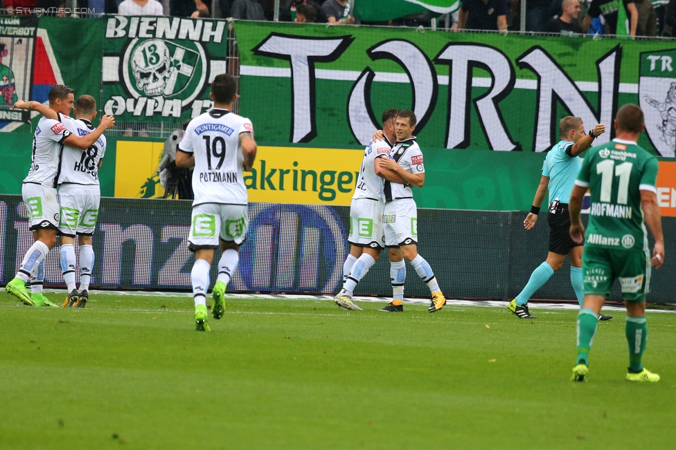 Rapid Wien - Sturm Graz
Oesterreichische Fussball Bundesliga, 5. Runde, SK Rapid Wien - SK Sturm Graz, Weststadion Wien, 19.08.2017. 

Foto zeigt Marvin Potzmann (Sturm), Charalampos Lykogiannis (Sturm) und Deni Alar (Sturm)
Schlüsselwörter: torjubel