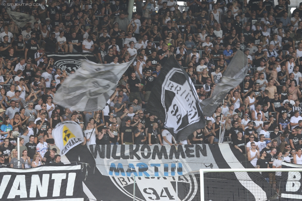 Sturm Graz - Salzburg
Oesterreichische Fussball Bundesliga, 6. Runde, SK Sturm Graz - FC RB Salzburg, Stadion Liebenau Graz, 27.08.2017. 

Foto zeigt Fans von Sturm mit einem Spruchband
