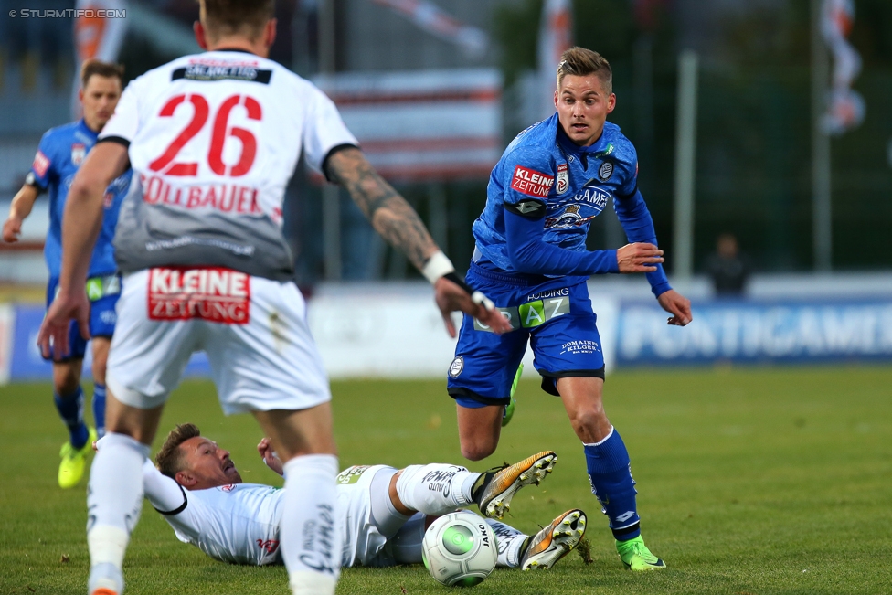 Wolfsberg - Sturm Graz
Oesterreichische Fussball Bundesliga, 13. Runde, Wolfsberger AC - SK Sturm Graz, Lavanttal Arena Wolfsberg, 29.10.2017. 

Foto zeigt Michael Sollbauer (Wolfsberg) und Stefan Hierlaender (Sturm)
