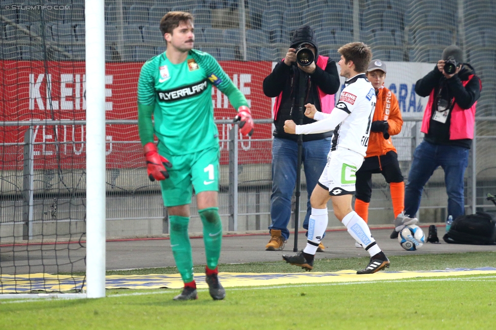 Sturm Graz - Admira Wacker
Oesterreichische Fussball Bundesliga, 17. Runde, SK Sturm Graz - FC Admira Wacker Moedling, Stadion Liebenau Graz, 28.11.2017. 

Foto zeigt Andreas Leitner (Admira) und Oliver Filip (Sturm)
Schlüsselwörter: torjubel