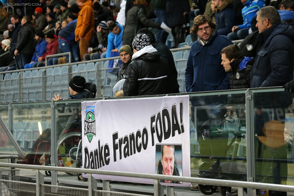 Sturm Graz - St. Poelten
Oesterreichische Fussball Bundesliga, 19. Runde, SK Sturm Graz - SKN St. Poelten, Stadion Liebenau Graz, 09.12.2017. 

Foto zeigt Fans von Sturm mit einem Spruchband fuer Franco Foda (Cheftrainer Sturm)
