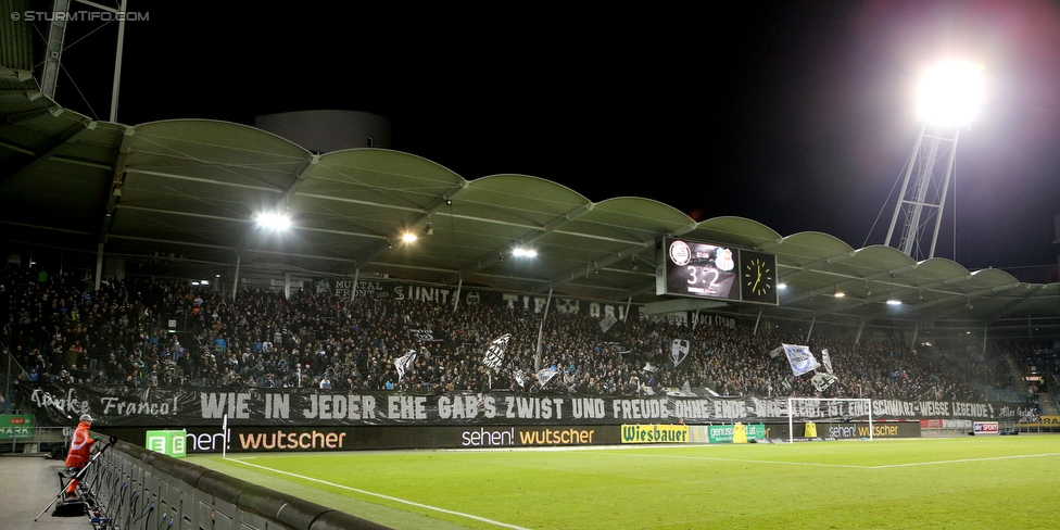 Sturm Graz - St. Poelten
Oesterreichische Fussball Bundesliga, 19. Runde, SK Sturm Graz - SKN St. Poelten, Stadion Liebenau Graz, 09.12.2017. 

Foto zeigt Fans von Sturm mit einem Spruchband fuer Franco Foda (Cheftrainer Sturm)
