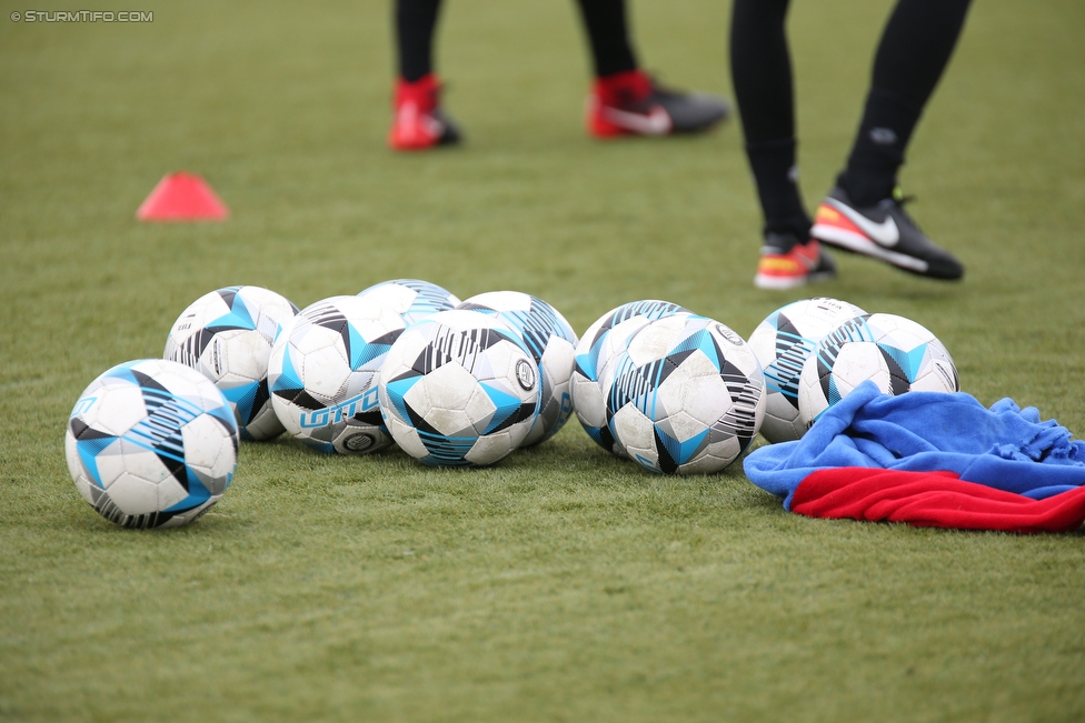 Trainingsauftakt Sturm Graz
Oesterreichische Fussball Bundesliga, Trainingsauftak SK Sturm Graz, Trainingszentrum Messendorf, 04.01.2018. 

Foto zeigt ein Feature mit Fussbaellen
