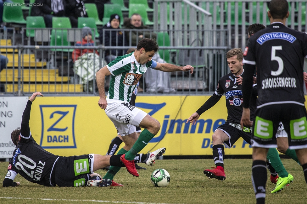 Mattersburg - Sturm Graz
Oesterreichische Fussball Bundesliga, 21. Runde, SV Mattersburg - SK Sturm Graz, Pappelstadion Mattersburg, 03.02.2018. 

Foto zeigt Christian Schulz (Sturm), Markus Pink (Mattersburg) und Christian Schoissengeyr (Sturm)
