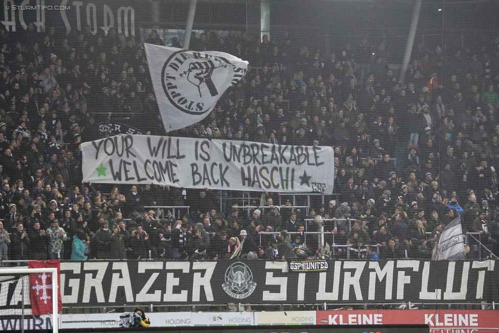 Sturm Graz - Wolfsberg
Oesterreichische Fussball Bundesliga, 22. Runde, SK Sturm Graz - Wolfsberger AC, Stadion Liebenau Graz, 10.02.2018. 

Foto zeigt Fans von Sturm mit einem Spruchband
