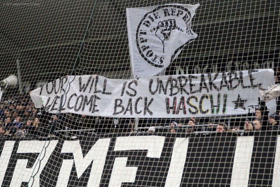 Sturm Graz - Wolfsberg
Oesterreichische Fussball Bundesliga, 22. Runde, SK Sturm Graz - Wolfsberger AC, Stadion Liebenau Graz, 10.02.2018. 

Foto zeigt Fans von Sturm mit einem Spruchband
