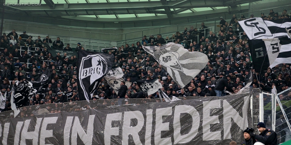 Rapid Wien - Sturm Graz
Oesterreichische Fussball Bundesliga, 231. Runde, SK Rapid Wien - SK Sturm Graz, Weststadion Wien, 17.02.2018. 

Foto zeigt Fans von Sturm mit einem Spruchband fuer Hans Rinner (Praesident Bundesliga)
