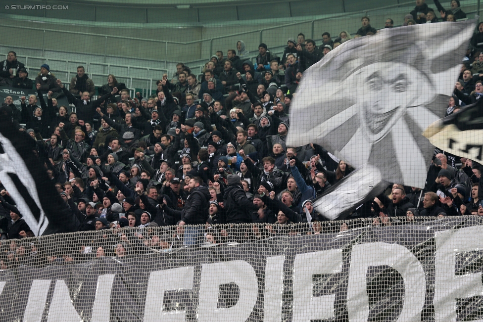 Rapid Wien - Sturm Graz
Oesterreichische Fussball Bundesliga, 231. Runde, SK Rapid Wien - SK Sturm Graz, Weststadion Wien, 17.02.2018. 

Foto zeigt Fans von Sturm mit einem Spruchband fuer Hans Rinner (Praesident Bundesliga)
