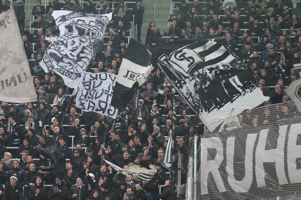 Rapid Wien - Sturm Graz
Oesterreichische Fussball Bundesliga, 231. Runde, SK Rapid Wien - SK Sturm Graz, Weststadion Wien, 17.02.2018. 

Foto zeigt Fans von Sturm mit einem Spruchband fuer Hans Rinner (Praesident Bundesliga)
