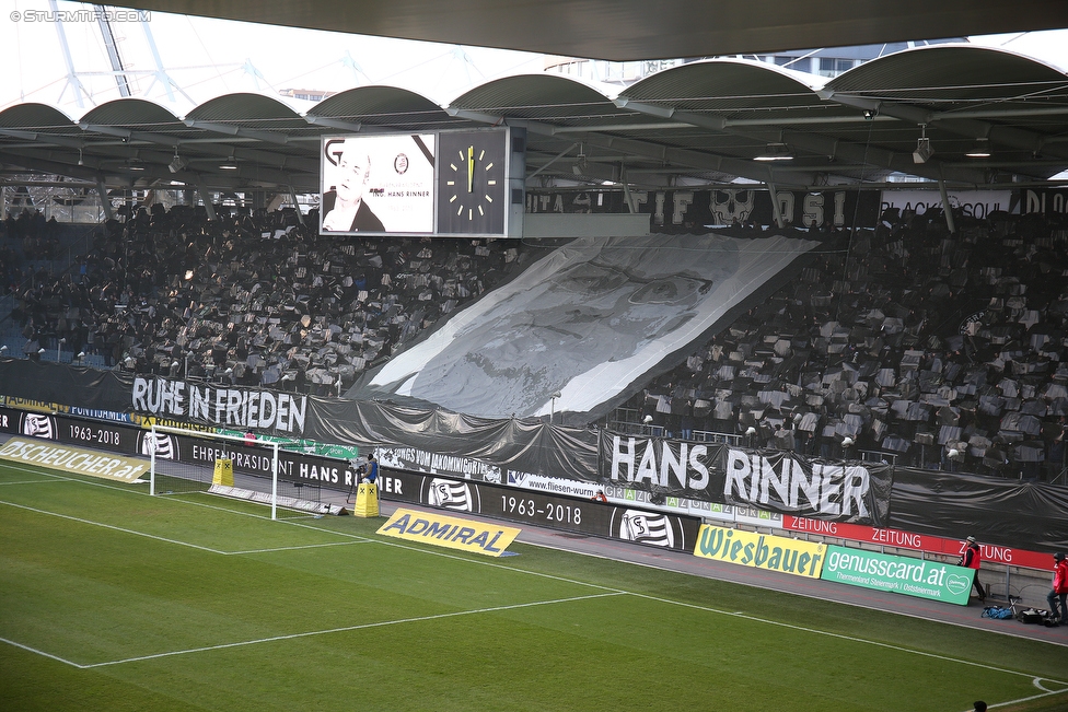 Sturm Graz - Salzburg
Oesterreichische Fussball Bundesliga, 24. Runde, SK Sturm Graz - FC RB Salzburg, Stadion Liebenau Graz, 25.02.2018. 

Foto zeigt Fans von Sturm mit einer Choreografie fuer Hans Rinner (Praesident Bundesliga)
