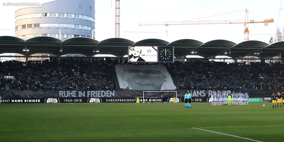 Sturm Graz - Salzburg
Oesterreichische Fussball Bundesliga, 24. Runde, SK Sturm Graz - FC RB Salzburg, Stadion Liebenau Graz, 25.02.2018. 

Foto zeigt Fans von Sturm mit einer Choreografie fuer Hans Rinner (Praesident Bundesliga)
