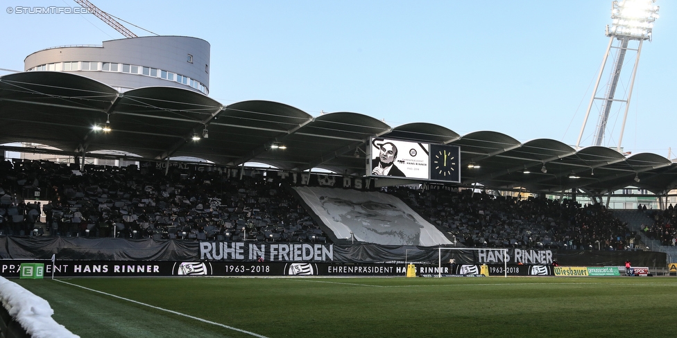 Sturm Graz - Salzburg
Oesterreichische Fussball Bundesliga, 24. Runde, SK Sturm Graz - FC RB Salzburg, Stadion Liebenau Graz, 25.02.2018. 

Foto zeigt Fans von Sturm mit einer Choreografie fuer Hans Rinner (Praesident Bundesliga)
