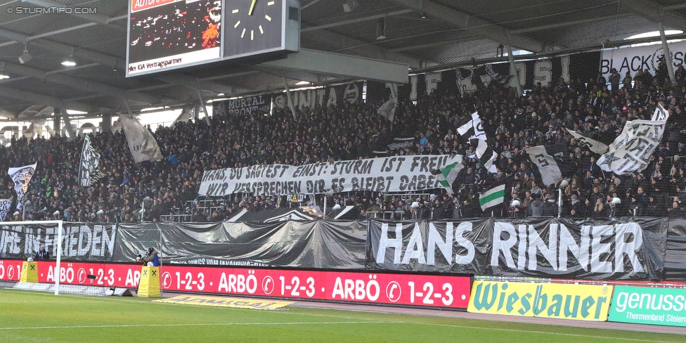 Sturm Graz - Salzburg
Oesterreichische Fussball Bundesliga, 24. Runde, SK Sturm Graz - FC RB Salzburg, Stadion Liebenau Graz, 25.02.2018. 

Foto zeigt Fans von Sturm mit einem Spruchband fuer Hans Rinner (Praesident Bundesliga)
