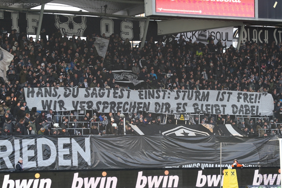 Sturm Graz - Salzburg
Oesterreichische Fussball Bundesliga, 24. Runde, SK Sturm Graz - FC RB Salzburg, Stadion Liebenau Graz, 25.02.2018. 

Foto zeigt Fans von Sturm mit einem Spruchband fuer Hans Rinner (Praesident Bundesliga)
