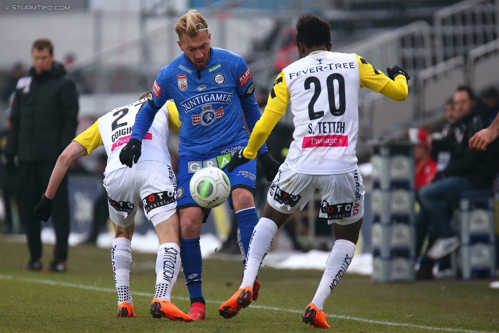 LASK - Sturm Graz
Oesterreichische Fussball Bundesliga, 25. Runde, LASK - SK Sturm Graz, Waldstadion Pasching, 03.03.2018. 

Foto zeigt Thomas Goiginger (LASK), Peter Zulj (Sturm) und Samuel Tetteh (LASK)
