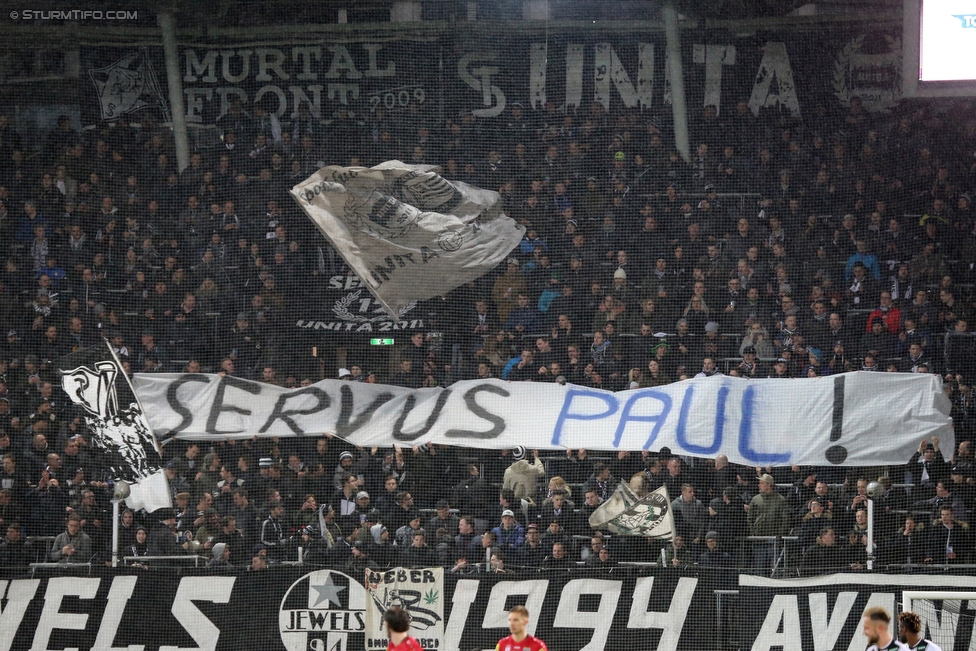 Sturm Graz - Altach
Oesterreichische Fussball Bundesliga, 27. Runde, SK Sturm Graz - SCR Altach, Stadion Liebenau Graz, 17.03.2018. 

Foto zeigt Fans von Sturm mit einem Spruchband
