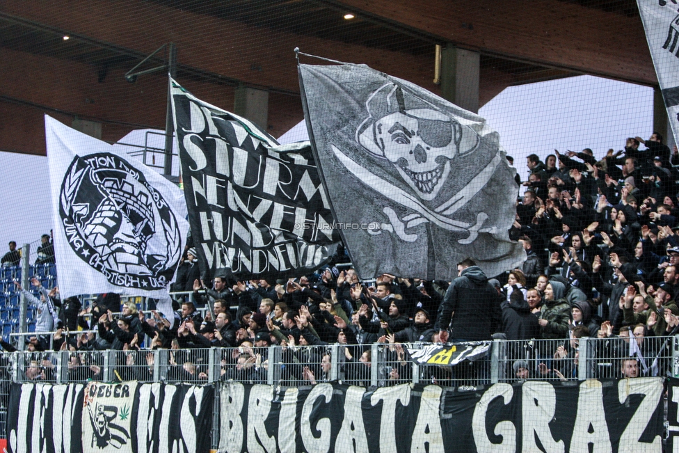 St. Poelten - Sturm Graz
Oesterreichische Fussball Bundesliga, 28. Runde, SKN St. Poelten - SK Sturm Graz, Arena St. Poelten, 31.03.2018. 

Foto zeigt Fans von Sturm
