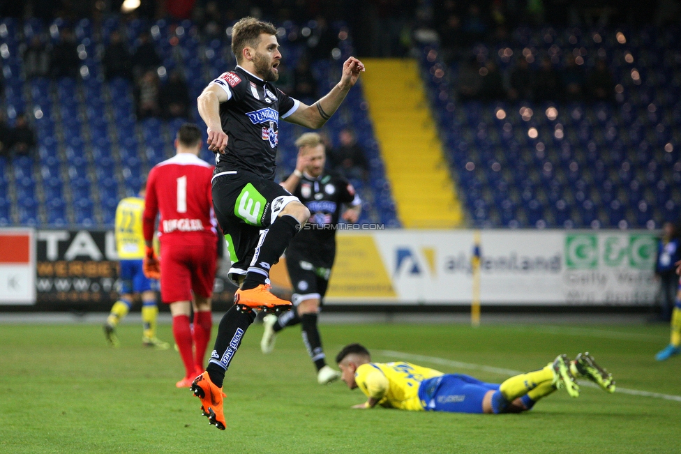 St. Poelten - Sturm Graz
Oesterreichische Fussball Bundesliga, 28. Runde, SKN St. Poelten - SK Sturm Graz, Arena St. Poelten, 31.03.2018. 

Foto zeigt Philipp Huspek (Sturm)
Schlüsselwörter: torjubel