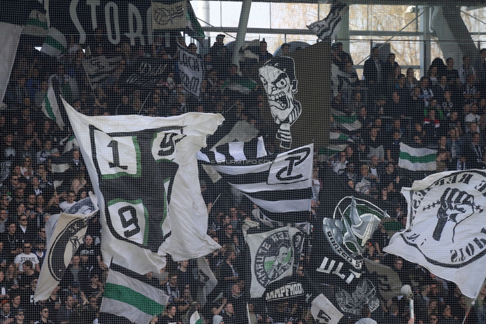 Sturm Graz - Austria Wien
Oesterreichische Fussball Bundesliga, 29. Runde, SK Sturm Graz - FK Austria Wien, Stadion Liebenau Graz, 07.04.2018. 

Foto zeigt Fans von Sturm mit einer Choreografie
