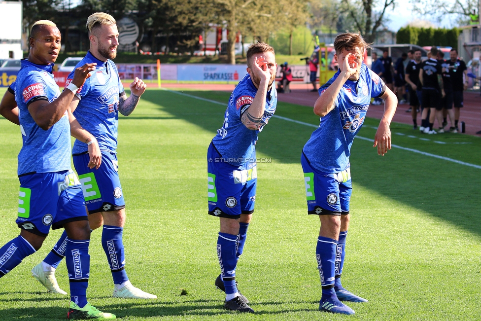 Wolfsberg - Sturm Graz
Oesterreichische Fussball Bundesliga, 31. Runde, Wolfsberger AC - SK Sturm Graz, Lavanttal Arena Wolfsberg, 21.04.2018. 

Foto zeigt Emeka Friday Eze (Sturm), Peter Zulj (Sturm), Jakob Jantscher (Sturm) und Thorsten Roecher (Sturm)
Schlüsselwörter: torjubel