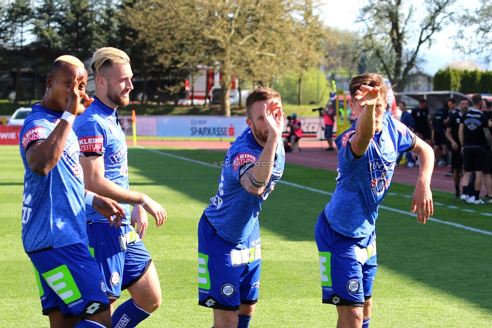 Wolfsberg - Sturm Graz
Oesterreichische Fussball Bundesliga, 31. Runde, Wolfsberger AC - SK Sturm Graz, Lavanttal Arena Wolfsberg, 21.04.2018. 

Foto zeigt Emeka Friday Eze (Sturm), Peter Zulj (Sturm), Jakob Jantscher (Sturm) und Thorsten Roecher (Sturm)
Schlüsselwörter: torjubel