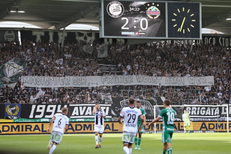 Sturm Graz - Rapid Wien
Oesterreichische Fussball Bundesliga, 32. Runde, SK Sturm Graz - SK Rapid Wien, Stadion Liebenau Graz, 29.04.2018. 

Foto zeigt Fans von Sturm mit einem Spruchband
