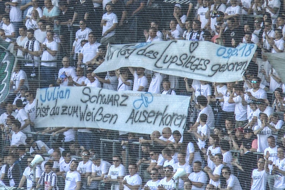 Sturm Graz - LASK
Oesterreichische Fussball Bundesliga, 34. Runde, SK Sturm Graz - LASK, Stadion Liebenau Graz, 12.05.2018. 

Foto zeigt Fans von Sturm mit einem Spruchband
