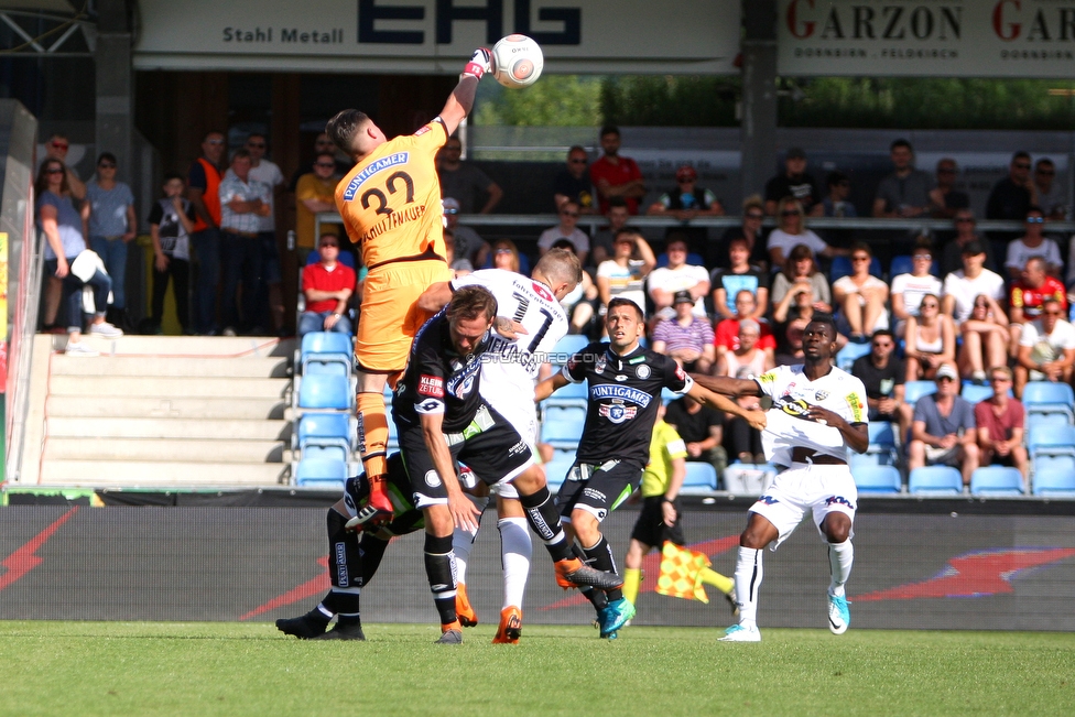 Altach - Sturm Graz
Oesterreichische Fussball Bundesliga, 36. Runde, SC Rheindorf Altach - SK Sturm Graz, Stadion Schnabelholz Altach, 27.05.2018. 

Foto zeigt Tobias Schuetzenauer (Sturm), Marco Meilinger (Altach) und Thomas Schrammel (Sturm)
