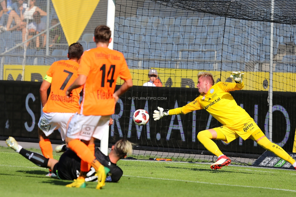 Sturm Graz - Hartberg
Oesterreichische Fussball Bundesliga, 1. Runde, SK Sturm Graz - TSV Hartberg, Stadion Liebenau Graz, 28.07.2018. 

Foto zeigt Siegfried Rasswalder (Hartberg), Florian Flecker (Hartberg), Peter Zulj (Sturm) und Rene Swete (Hartberg)
