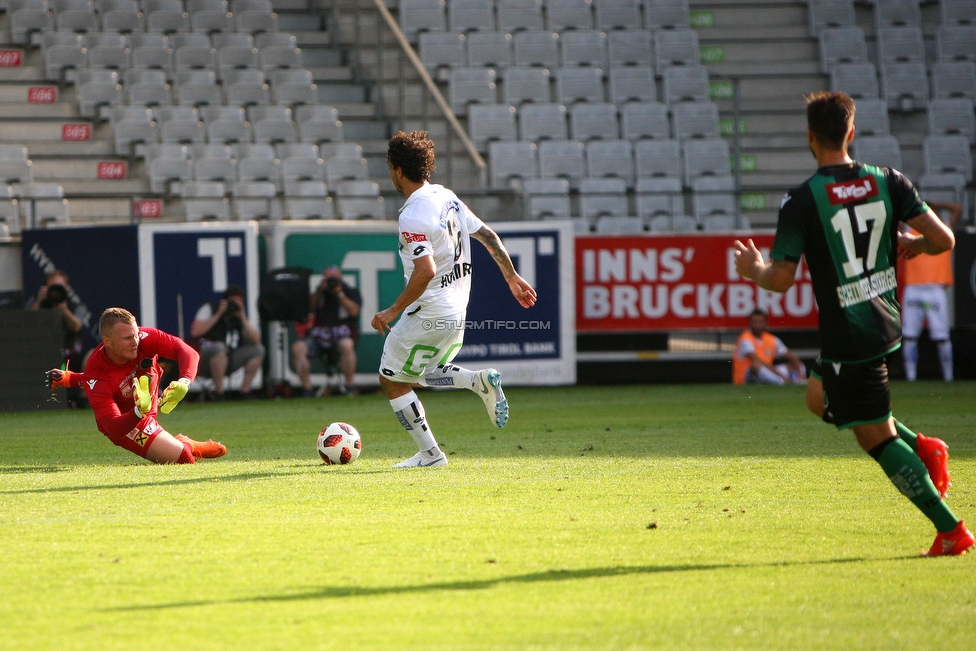 Innsbruck - Sturm Graz
Oesterreichische Fussball Bundesliga, 2. Runde, FC Wacker Innsbruck - SK Sturm Graz, Tivoli Neu Innsbruck, 04.08.2018. 

Foto zeigt Christopher Knett (Innsbruck), Philipp Hosiner (Sturm) und Michael Schimpelsberger (Innsbruck)
