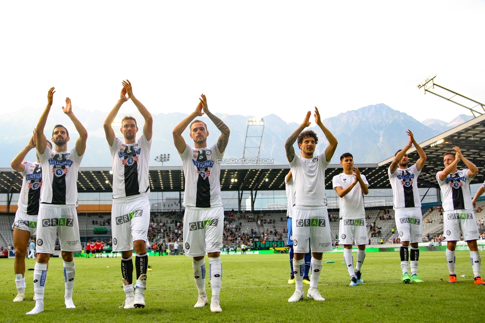 Innsbruck - Sturm Graz
Oesterreichische Fussball Bundesliga, 2. Runde, FC Wacker Innsbruck - SK Sturm Graz, Tivoli Neu Innsbruck, 04.08.2018. 

Foto zeigt Anastasios Avlonitis (Sturm), Lukas Grozurek (Sturm), Lukas Spendlhofer (Sturm) und Philipp Hosiner (Sturm)
Schlüsselwörter: jubel