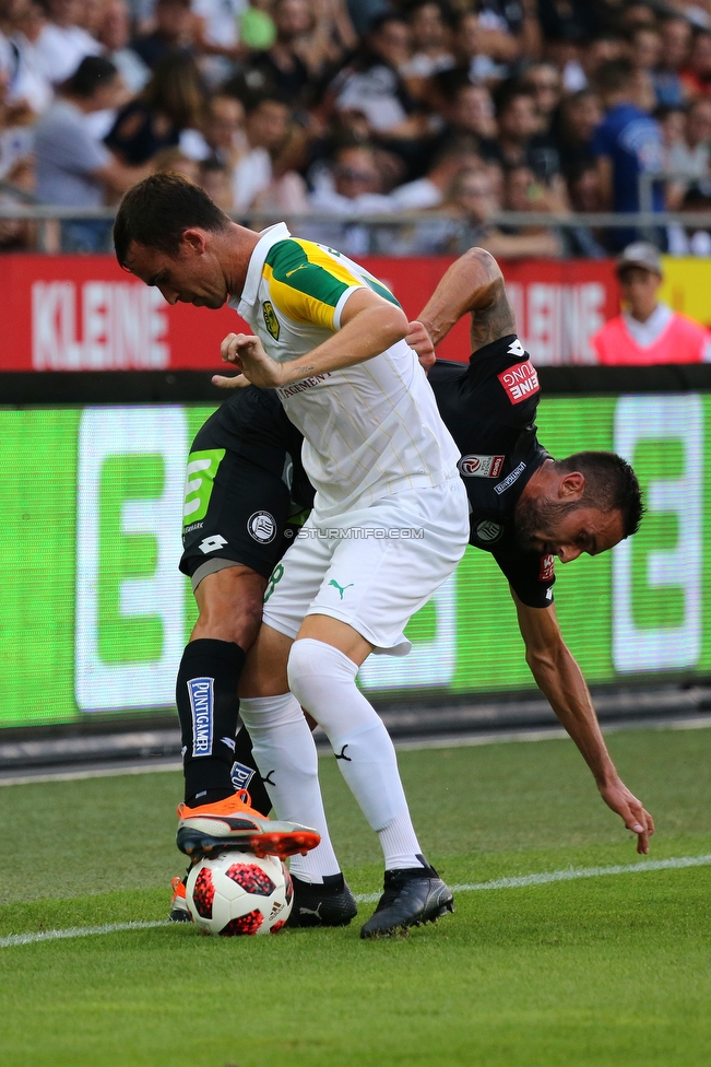 Sturm Graz - Larnaka
UEFA Europa League Qualifikation 3. Runde, SK Sturm Graz - AEK Larnaka, Stadion Liebenau Graz, 09.08.2018. 

Foto zeigt Markus Pink (Sturm) und Mikel Gonzalez (Larnaka)
