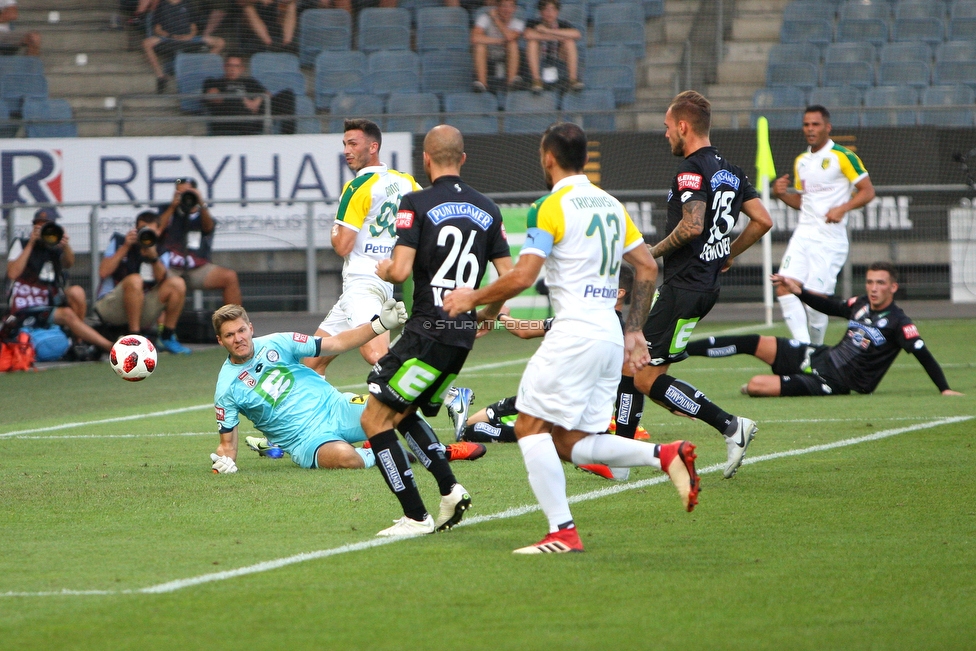 Sturm Graz - Larnaka
UEFA Europa League Qualifikation 3. Runde, SK Sturm Graz - AEK Larnaka, Stadion Liebenau Graz, 09.08.2018. 

Foto zeigt Joerg Siebenhandl (Sturm), Fabian Koch (Sturm), Ivan Trickovski (Larnaka) und Lukas Spendlhofer (Sturm)
