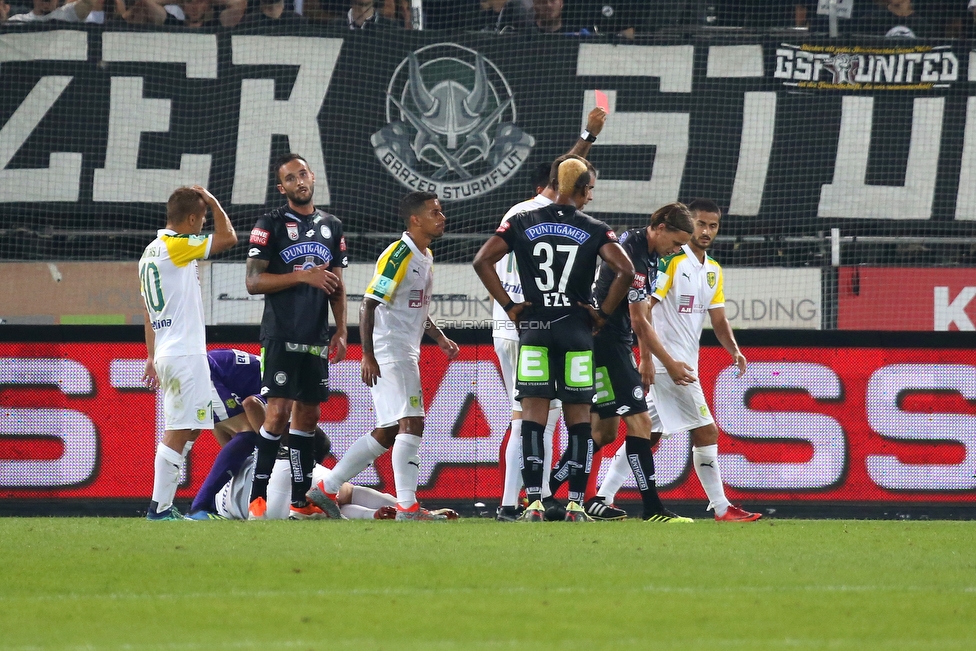 Sturm Graz - Larnaka
UEFA Europa League Qualifikation 3. Runde, SK Sturm Graz - AEK Larnaka, Stadion Liebenau Graz, 09.08.2018. 

Foto zeigt Joan Tomas (Larnaka), Markus Pink (Sturm), Emeka Friday Eze (Sturm), Schiedsrichter Mohammed Al-Hakim und Stefan Hierlaender (Sturm)
Schlüsselwörter: rote