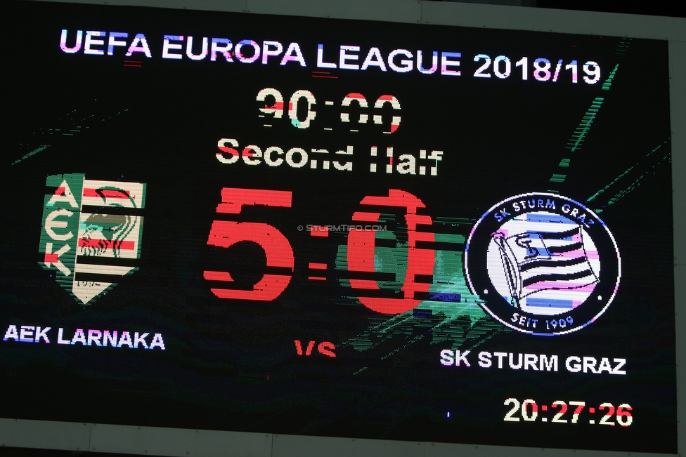 Larnaka - Sturm Graz
UEFA Europa League Qualifikation 3. Runde, AEK Larnaka - SK Sturm Graz, AEK Arena Larnaka, 16.08.2018. 

Foto zeigt die Anzeigetafel
