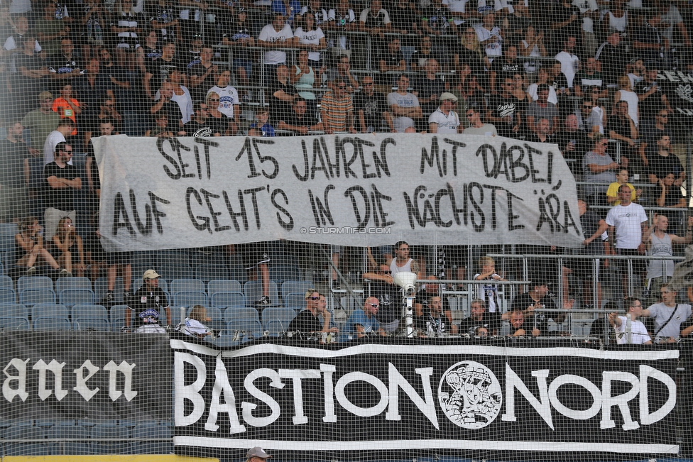 Sturm Graz - Altach
Oesterreichische Fussball Bundesliga, 1. Runde, SK Sturm Graz - SC Rheindorf Altach, Stadion Liebenau Graz, 19.08.2018. 

Foto zeigt Fans von Sturm mit einem Spruchband
