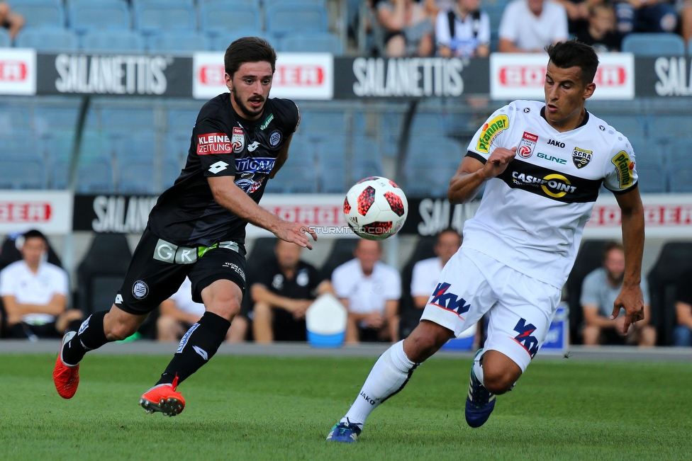 Sturm Graz - Altach
Oesterreichische Fussball Bundesliga, 1. Runde, SK Sturm Graz - SC Rheindorf Altach, Stadion Liebenau Graz, 19.08.2018. 

Foto zeigt Otar Kiteishvili (Sturm) und Manfred Fischer (Altach)
