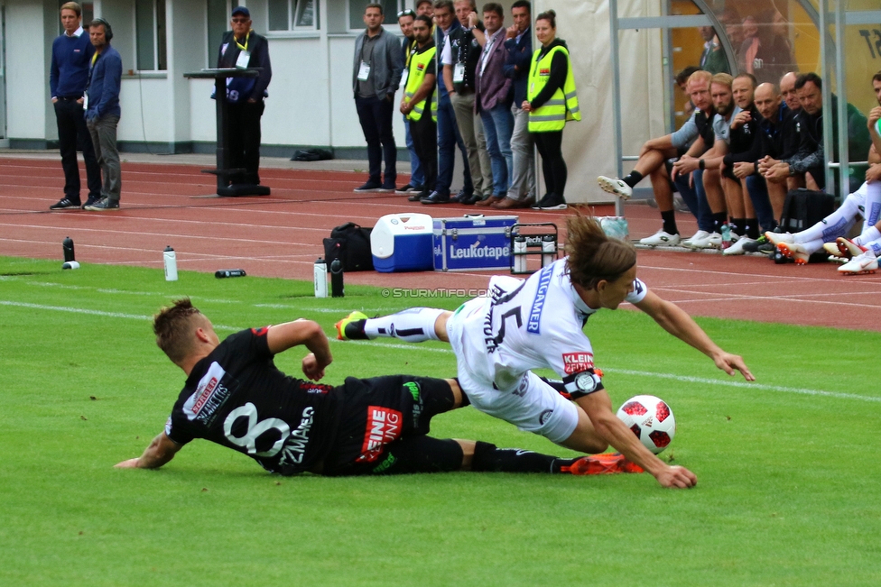 Wolfsberg - Sturm Graz
Oesterreichische Fussball Bundesliga, 5. Runde, Wolfsberger AC - SK Sturm Graz, Lavanttal Arena Wolfsberg, 25.08.2018. 

Foto zeigt Mihret Topcagic (Wolfsberg) und Stefan Hierlaender (Sturm)
