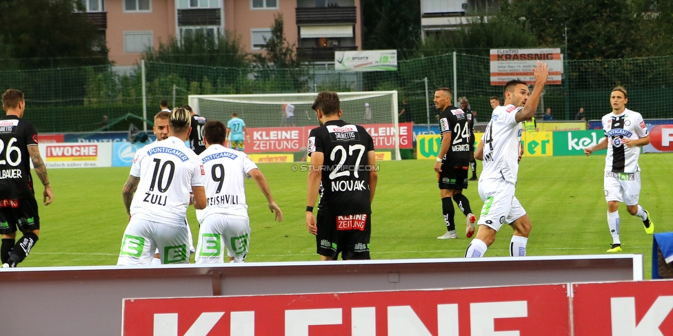 Wolfsberg - Sturm Graz
Oesterreichische Fussball Bundesliga, 5. Runde, Wolfsberger AC - SK Sturm Graz, Lavanttal Arena Wolfsberg, 25.08.2018. 

Foto zeigt Peter Zulj (Sturm), Otar Kiteishvili (Sturm), Daniel Drescher (Wolfsberg) und Markus Pink (Sturm)
Schlüsselwörter: torjubel